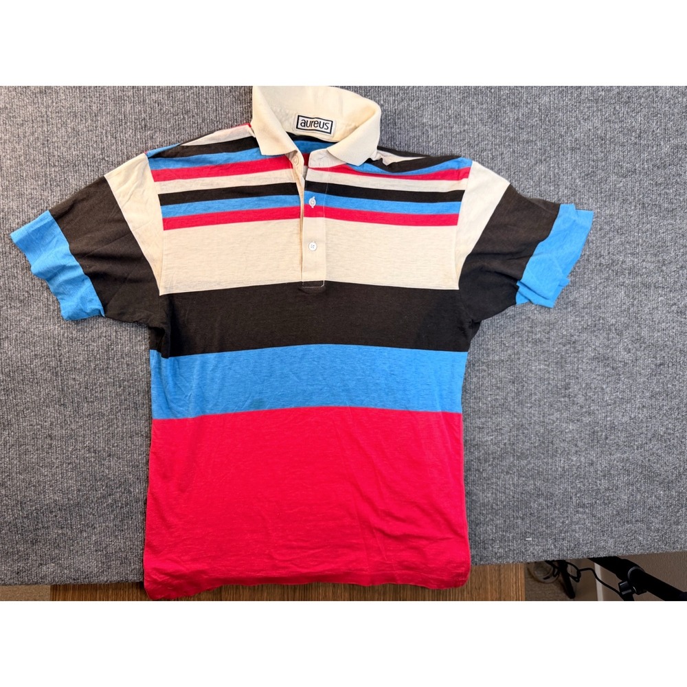 Vintage Aureus Polo Shirt Mens Medium Multi Color Stripe 80s 90s Retro Short Slv